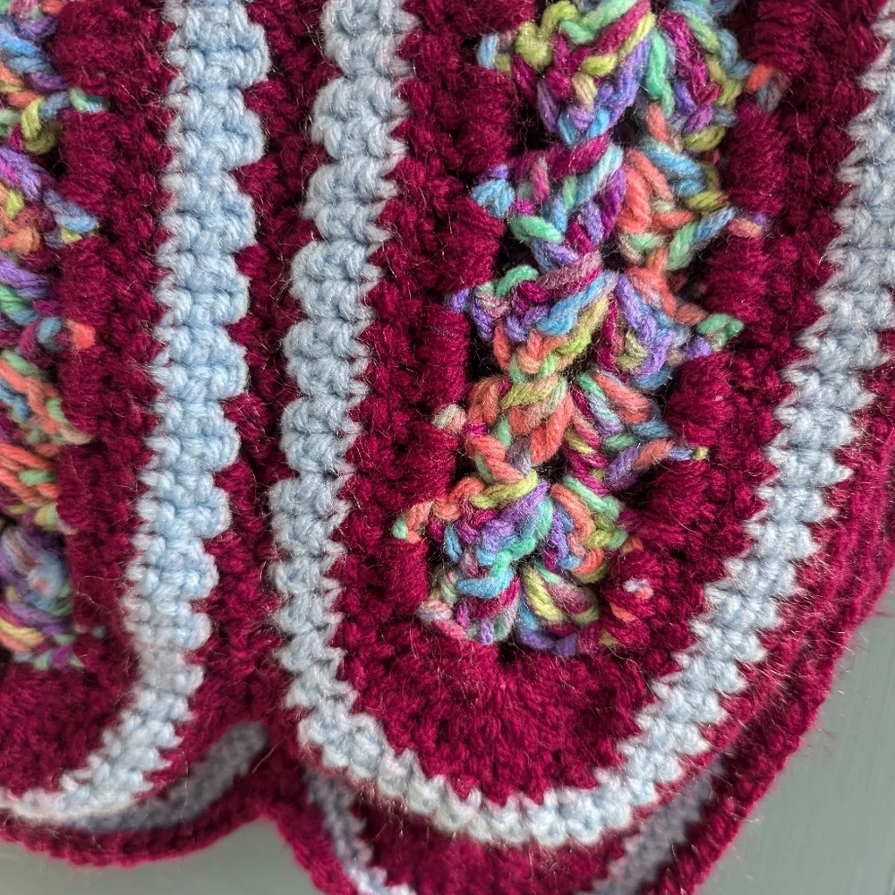 💙 Burgundy Afghan Hand Crochet Multicolor Couch Throw Blanket Rectangle